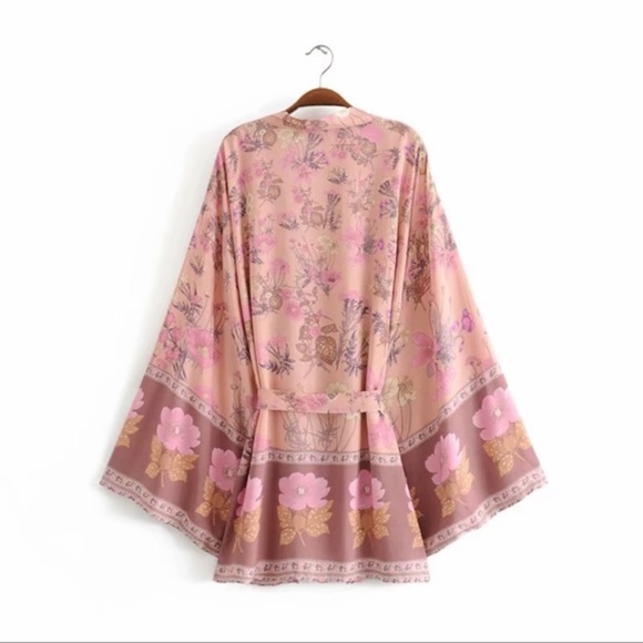 Boho Floral Print Short Kimono Belted Cover up - Picture 7 of 14